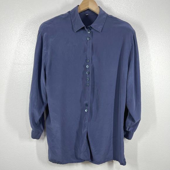 Tops - Silk Button‎ Down Shirt Long Sleeve Blouse Top Relaxed Fit Size 40 Shoulder Pad